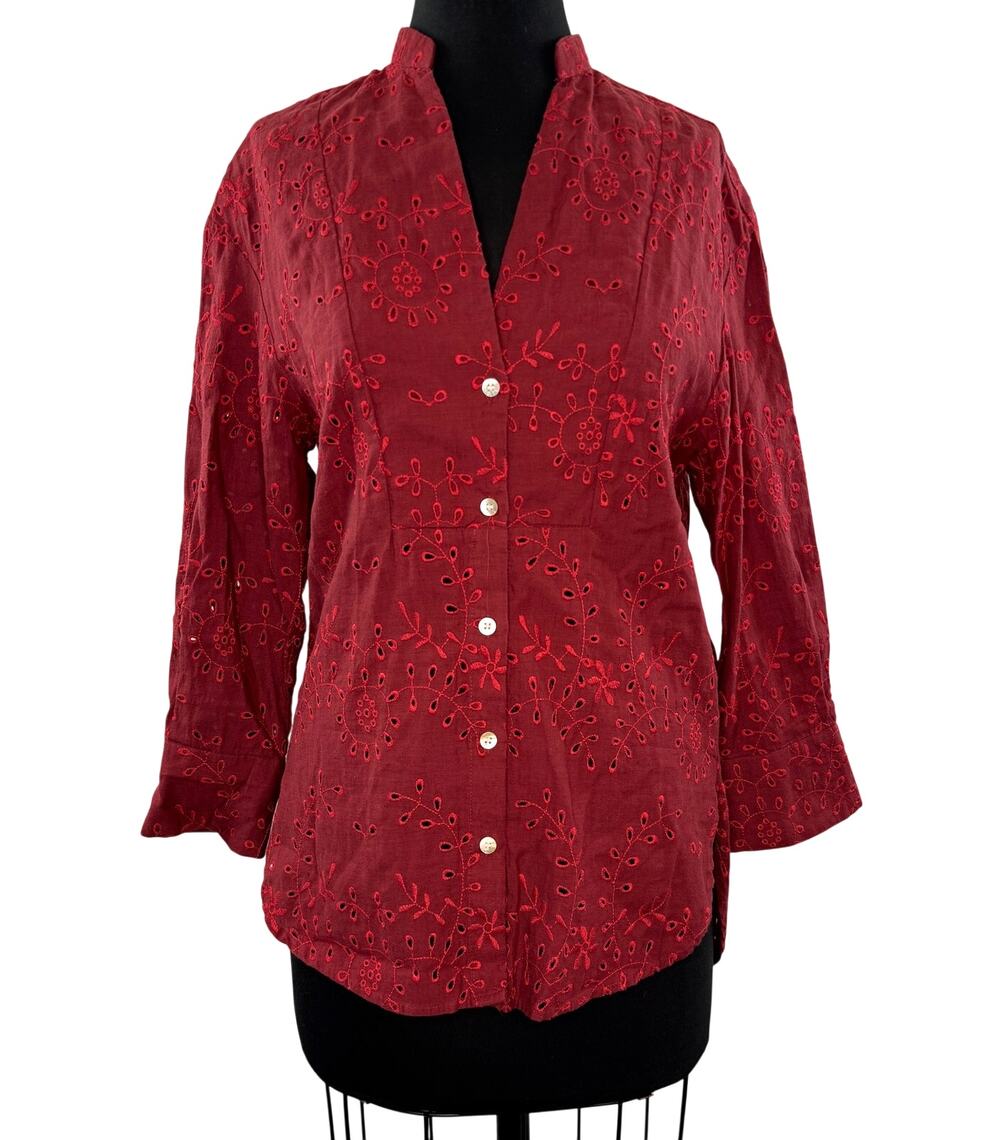 ZARA Red Blouse Cotton Embroidered Eyelet Split Neck Curved Hem Button-Up Sz XS